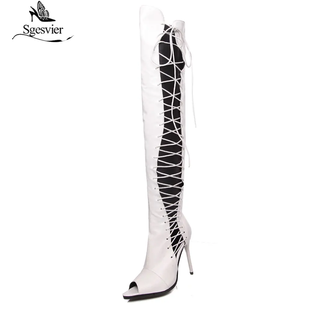 Sgesvier Thigh high Gladiator Sandals Women Sexy Summer Boots High Heels Shoes Peep Toe Cutouts Over the knee Boots Botas G242