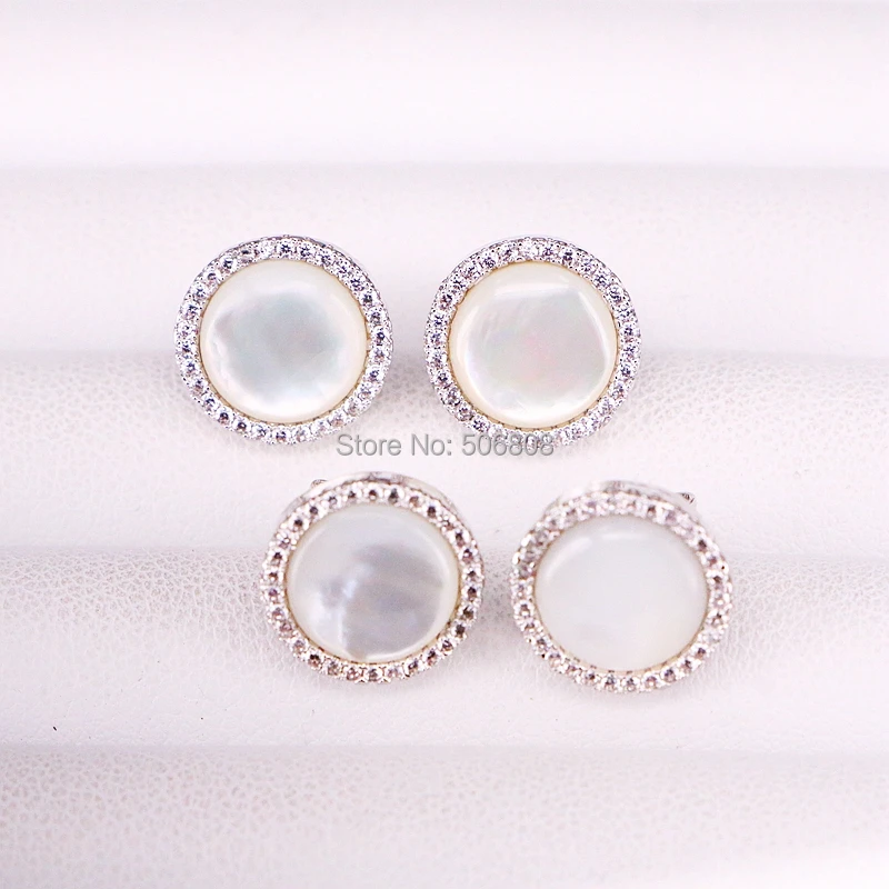 6 Pairs, Clear CZ Round Pearl Shell Stud Earring in gold/rose gold/silver color