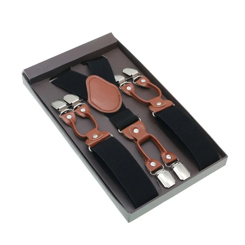 Male Shirt Suspenders Brown PU Leather Solid 6 Clips Suspenders Western-style Trousers Man Braces Adjustable Suspender