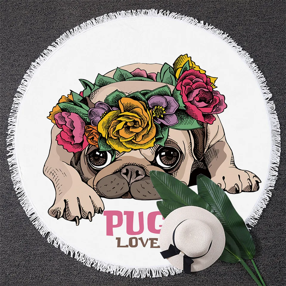 Puppy Large Round Beach Towel Cartoon Pug Dog Bath Towel Oversized for Kids Floral Animal Circle Beach Throw Blanket