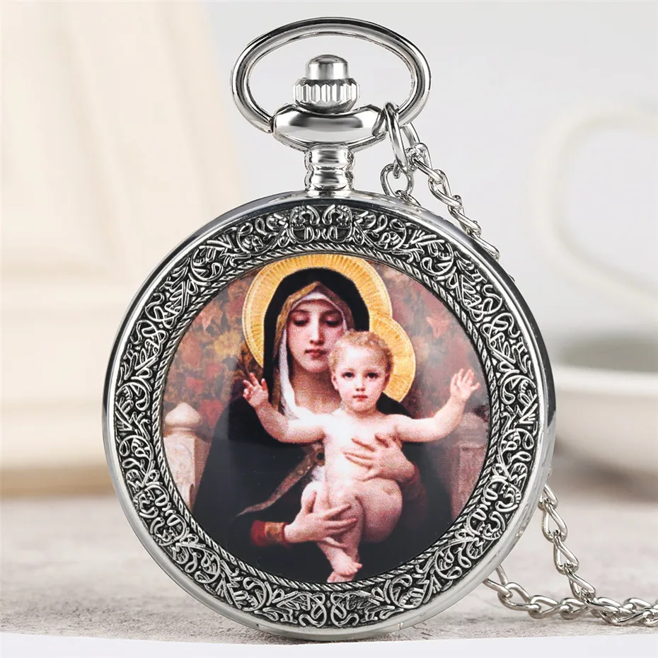 

Antique Virgin Mary & Jesus Theme Quartz Pocket Watch Exquisite Vintage Necklace Clock Men Women Souvenir Pendant Watches Gifts