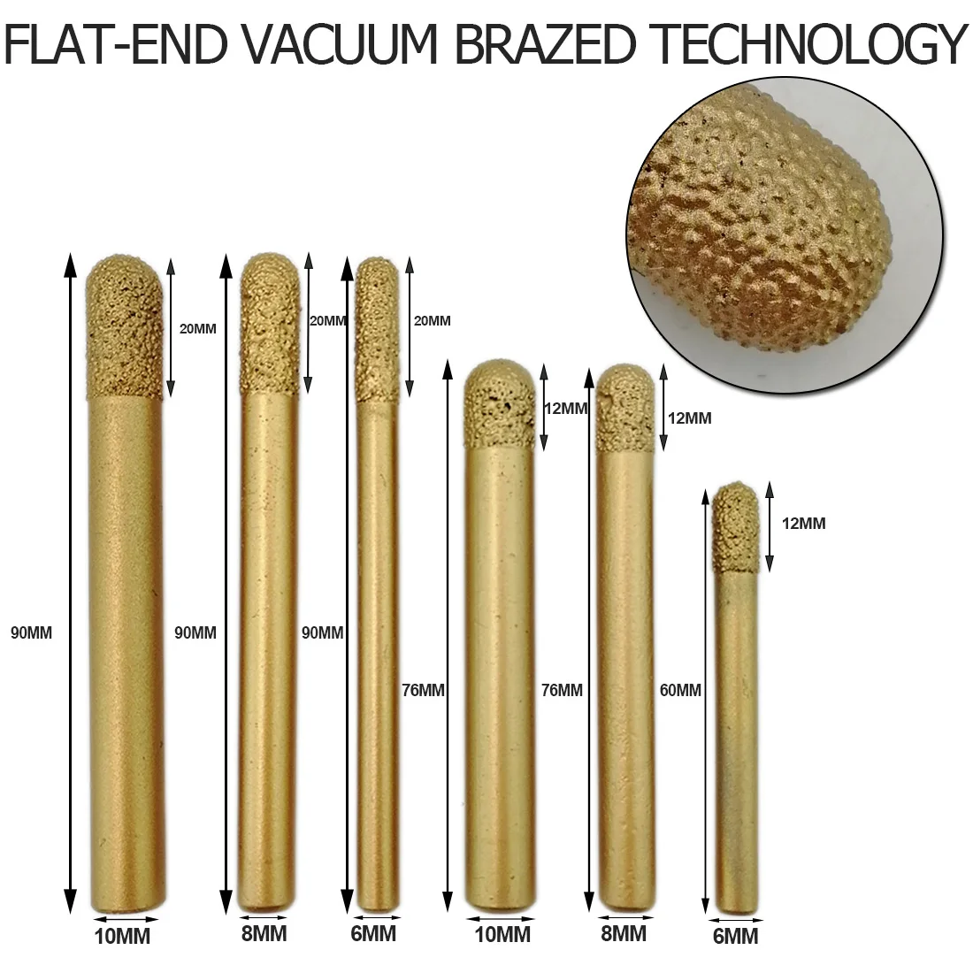 SHDIATOOL 10pcs 3D Vacuum Brazed Diamond CNC Cylinder Ball-end Cutter Engraving Bits Stone Carving Tools Diamond Burrs, End Mill