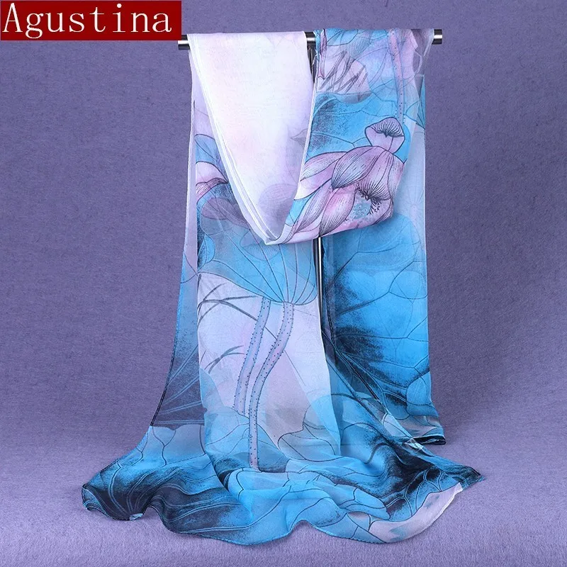 100% silk feel long scarf fashion Lotus printing Gradient brand luxury Comfortable women headscarf designer shawl for scarves