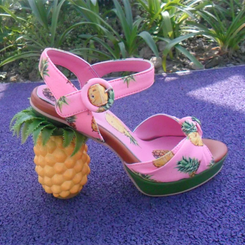 Bohemia Pineapple Heel Sandals Summer Platform Pink Black Printing Fruit Pineapple Sandal Woman Chunky Heels Ankle Strap Shoes