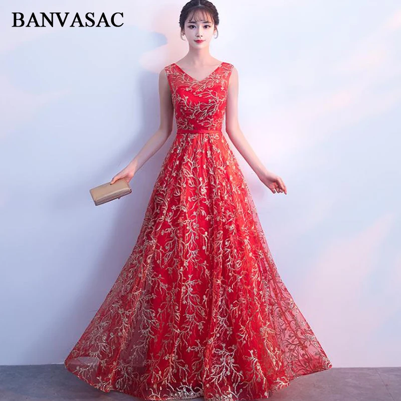 

BANVASAC Elegant V Neck Sequined Embroidery A Line Long Evening Dresses Party Sleeveless Sash Tulle Backless Prom Gowns