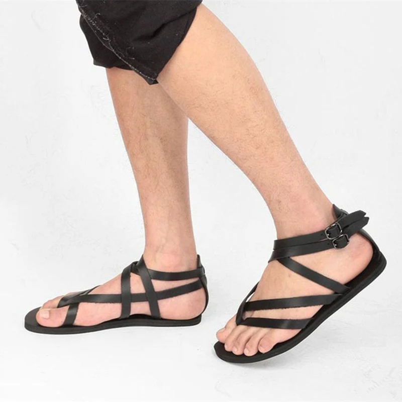 Large Size 45 Narrow Band Sandals Man Real Leather Cross-Tied Summer Shoes Men\'s T-strap Rome Gladiator Flats