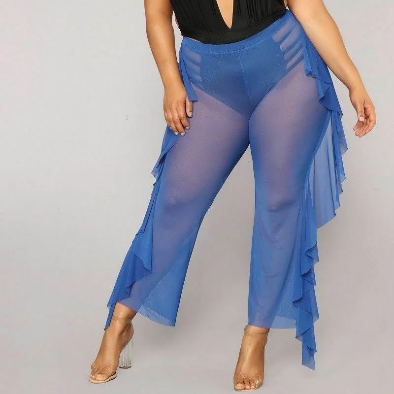 Pantaloni di maglia Delle Donne Sheer Bikini Sexy Cover Up Increspature Lungo Pantaloni Della Spiaggia Costumi Da Bagno Vedere Attraverso di Festa Vestiti di Estate 2019 roupas