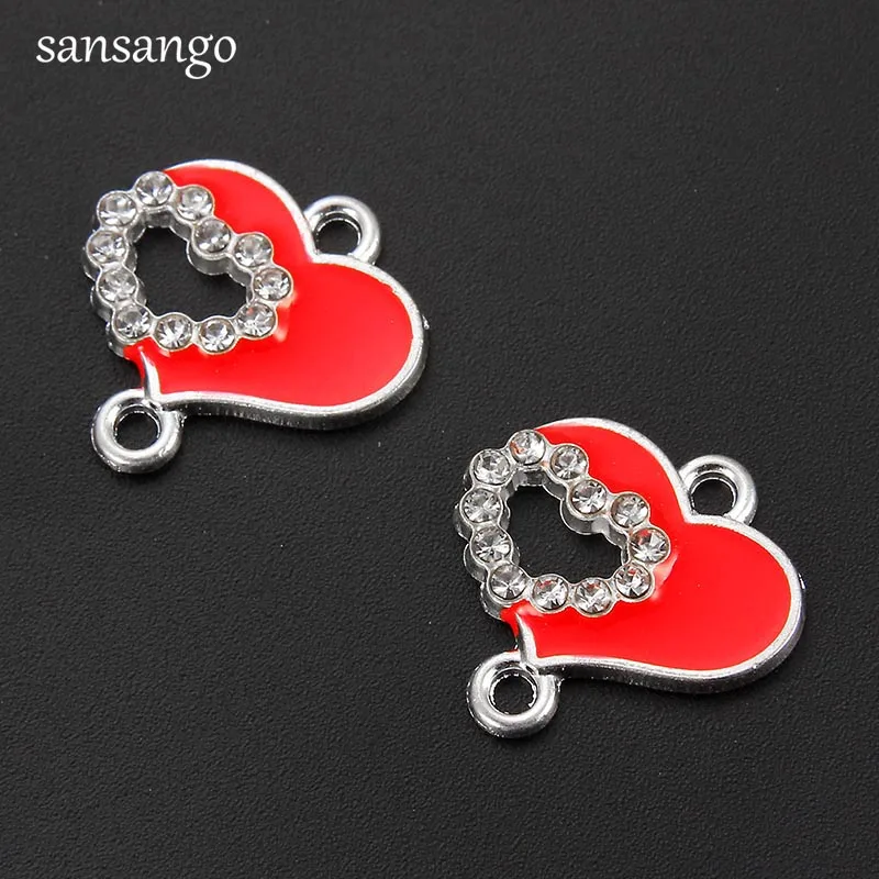 10pcs Red Enamel Love Heart Pendant  Charms Connector DIY Crystal Bracelet Necklace Earrings For Women Jewelry Making Finding