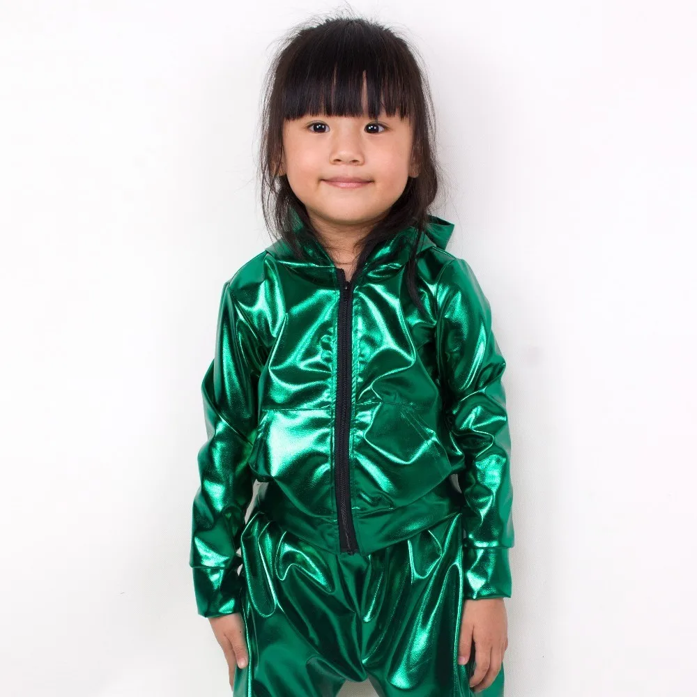 New 2021 Spring Autumn Kids Green With Pockets Bomber Jacket Stage Performance Wear Paillette Feminina Casaco Hip Hop Dance Coat