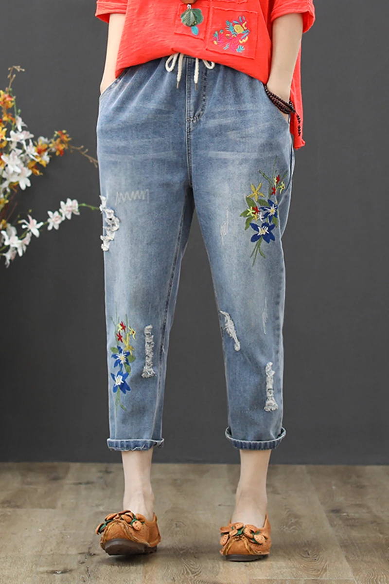 Vintage Floral Embroidery Jeans Female Casual Harem Denim Pants Jeans Women Fashion Pocket Blue High Waist Trousers