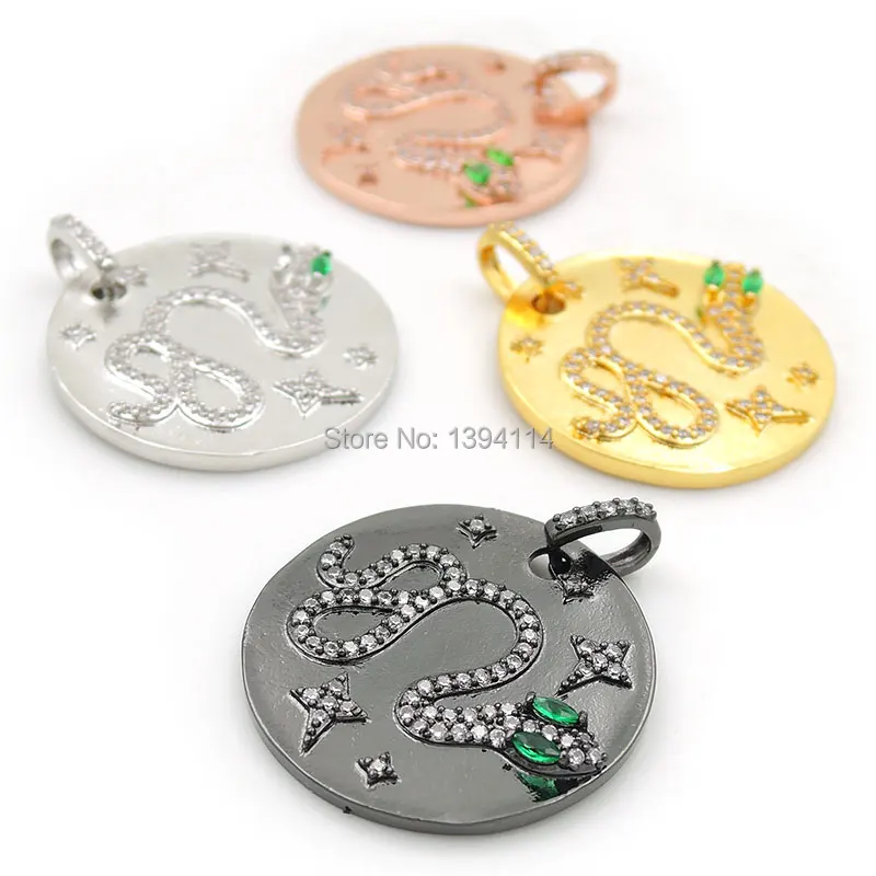 25*25*3mm Micro Pave Clear&Green CZ Round Charm With 5 Stars Snake Relief Fit For Women As Necklace Accessory