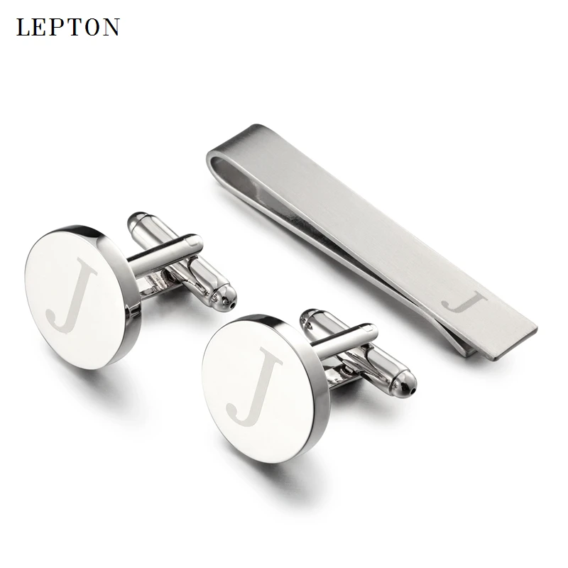 Hot Sale Round Letters J Cufflinks for Mens Silver Color Letters J of alphabet Cuff links & Tie Clip Set Men Shirt Cuffs Button