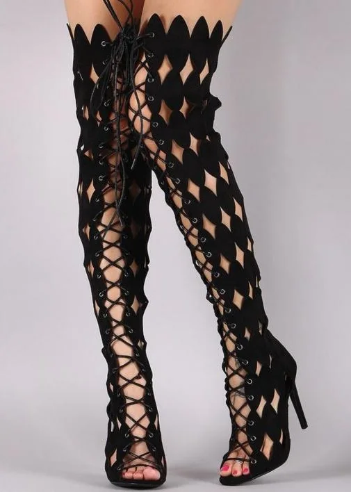 

Sexy Black Diamond Patent Overknee Boots High Heel Peep Toe Lace-up Hollow Thigh High Stiletto Boots Gladiator Sandal Shoes