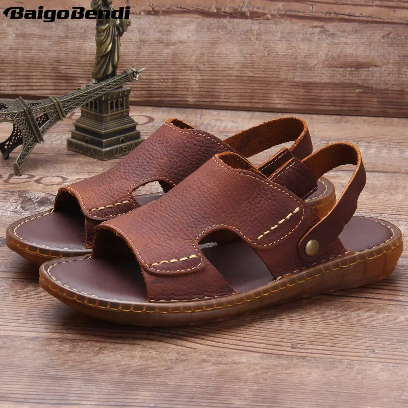 

US Size Middle-aged And Old People Summer Sandals Real Lether Soft Slides Casual Man Lightweight Shoes