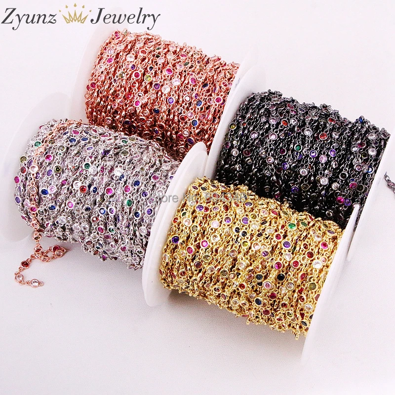 3 Meters ZYZ320-6079 Cubic Zirconia Connectors Link Chain, Bezel Setting CZ Cut round 4mm colorful CZ stones, Accessories