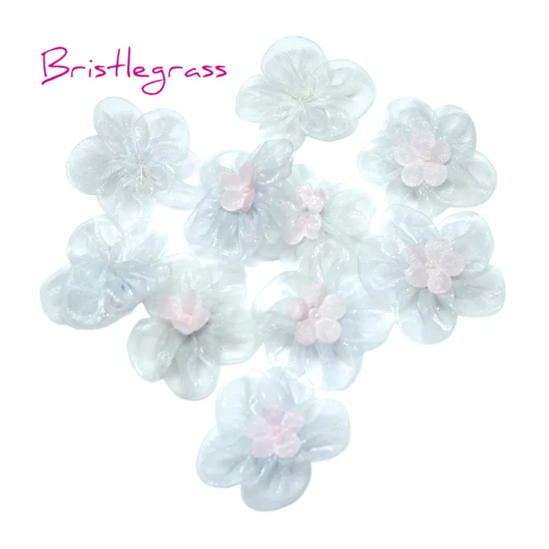 BRISTLEGRASS 10PCS Chiffon Organza Light Blue Flower Bow Applique Headband Hair Tie Corsage Wedding Dress DIY Sewing Craft Decor