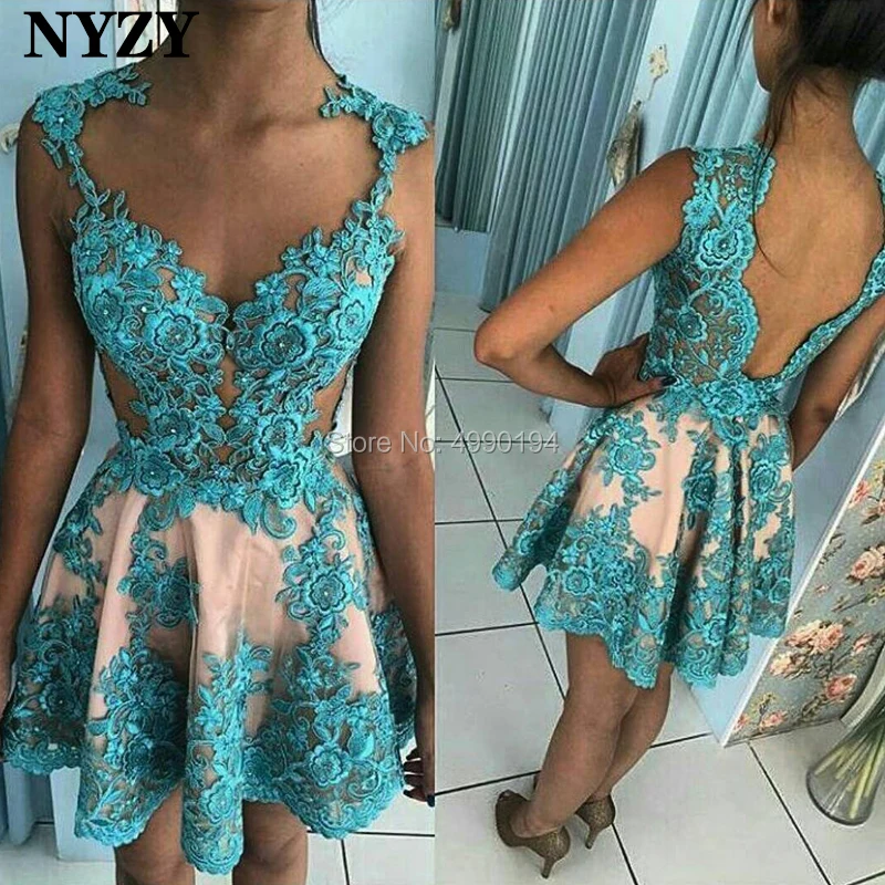 

NYZY C106 Sexy Backless Short Prom Dress Graduation Two Tone Turquoise Champagen Robe Cocktail vestido coctel mujer elegant 2019