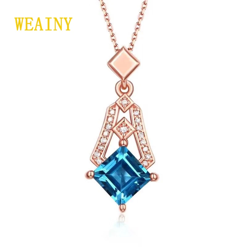 

WEAINY Natural Swiss Blue Topaz Pendant Necklace Genuine S925 Sterling Silver Ladies Blue Gem Geometric Ornament