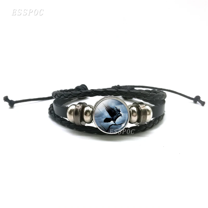 Bracciale in pelle con foto di corvo e lupo nero, bracciale multistrato nero animale a cupola in vetro, regalo per gli amici