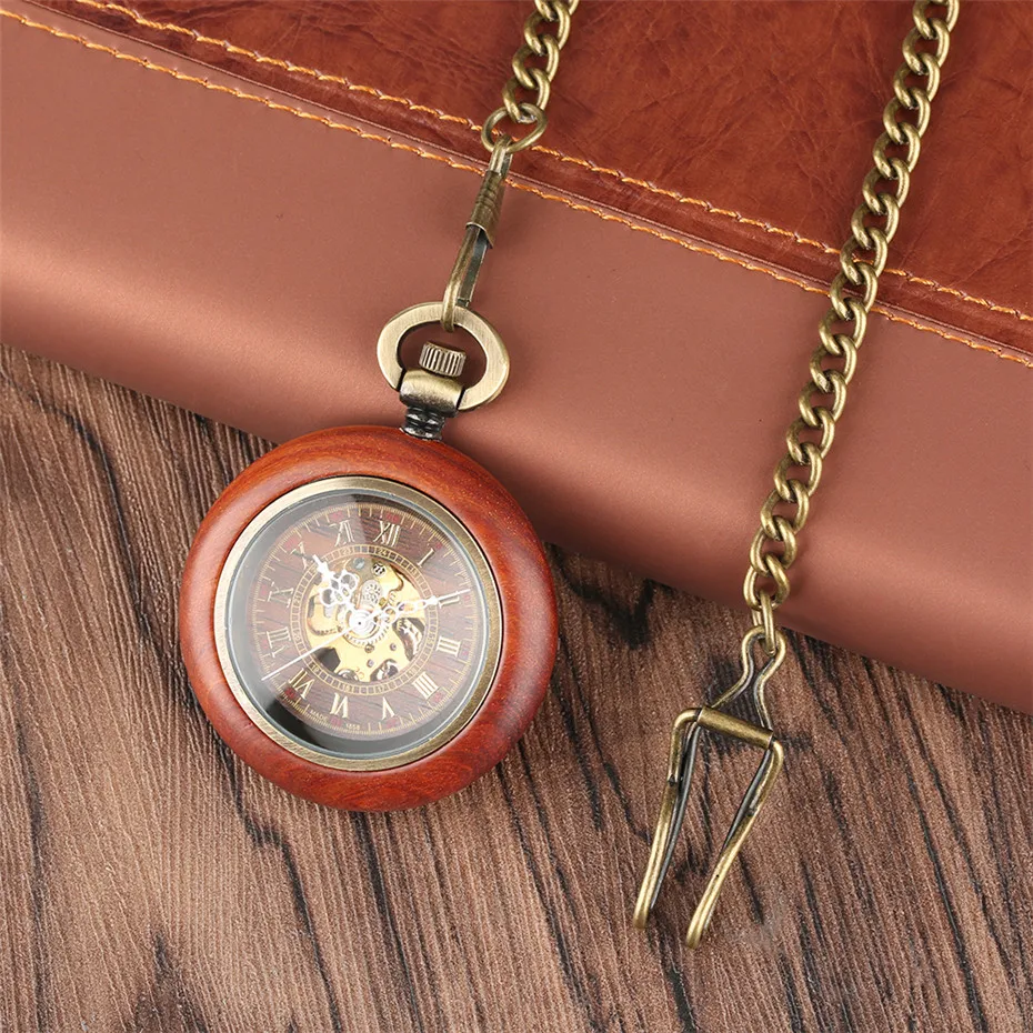 Red Wooden Mechanical Pocket Watch Automatic Self-Wind Pocket Pendant Clock Luxury Watch for Men Women with 30cm Bronze Chain