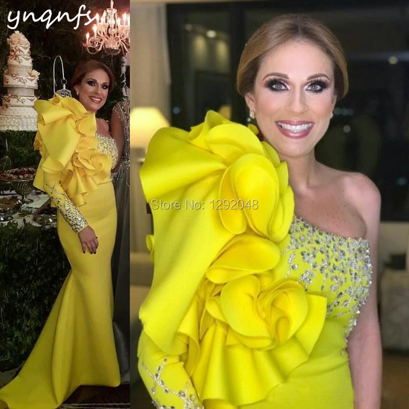 فستان ام العريسCrystal One Shoulder Long Sleeve Evening Prom Dresses Wedding Party Yellow Mother of the Bride Groom Dresses 2024