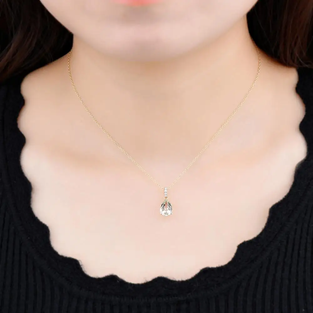 LP Water Drop 14K 585 Gold Pendant for Women Natural Green Amethyst Quartz Gemstone Real Diamond Fine Luxury Jewelry