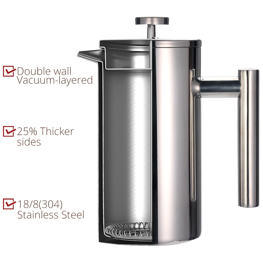 Best French Press Coffee Maker - Double Wall 304 Stainless Steel - Keeps Brewed Coffee or Tea Hot-3 size with sealing clip/Spoon