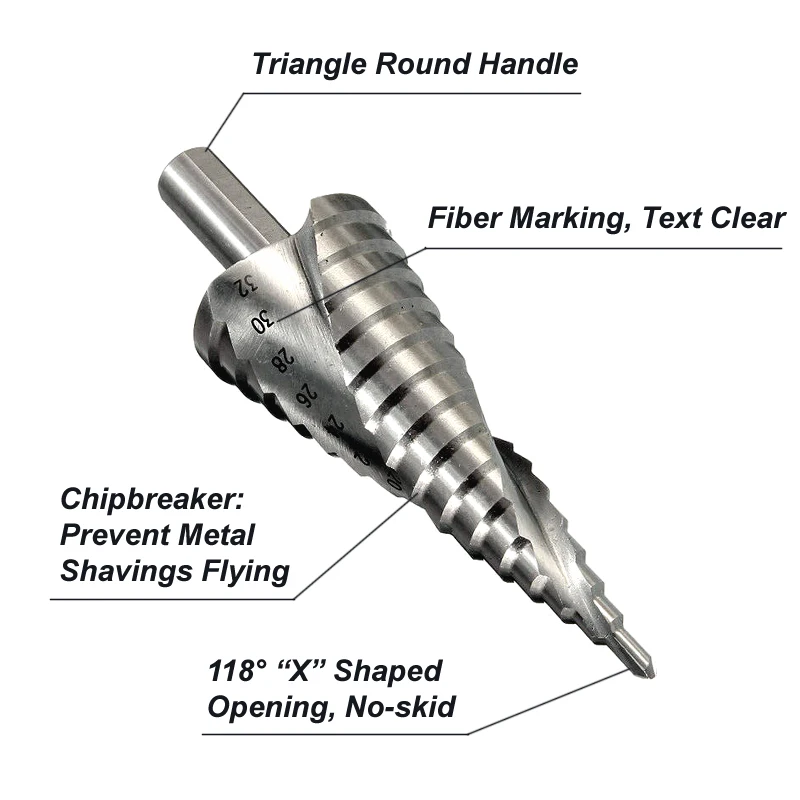 HSS 6542/M2 trzonek trójkątny spiralny rowek Broca Metal krok wiertło stożkowe stalowy rdzeń przecinarka narzędzia ręczne 4-12MM 4-20MM 4-32MM