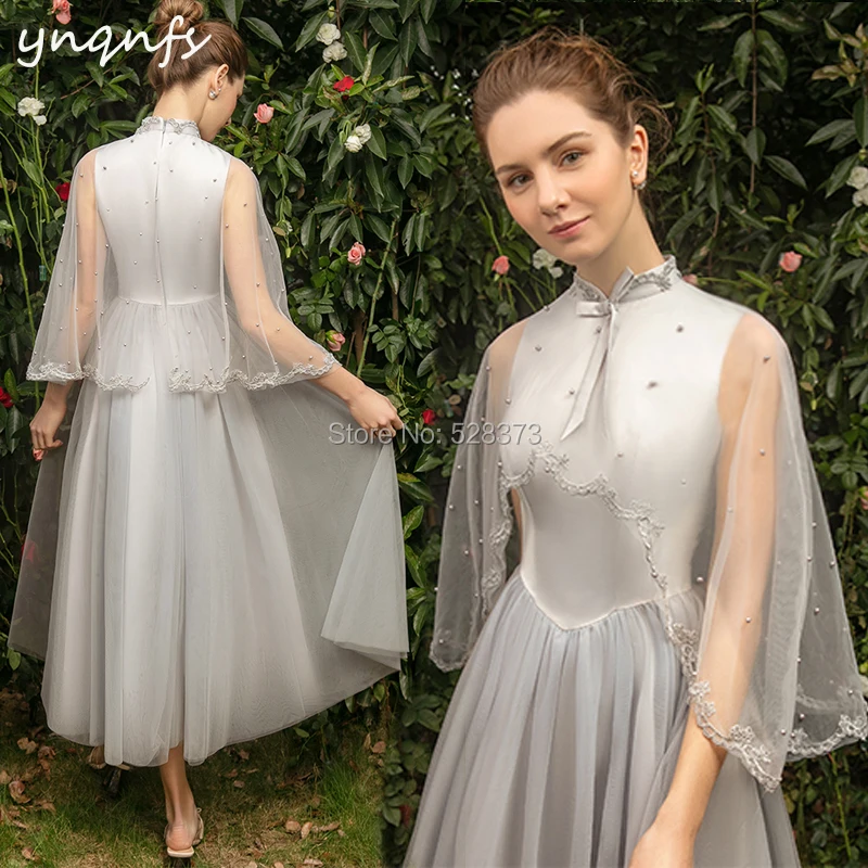 YNQNFS B7 Tea Length Tulle Cape Cloak Sleeves High Neck Bridesmaid Dresses Party Guest Wear Graduation Dresses Vestido Curto