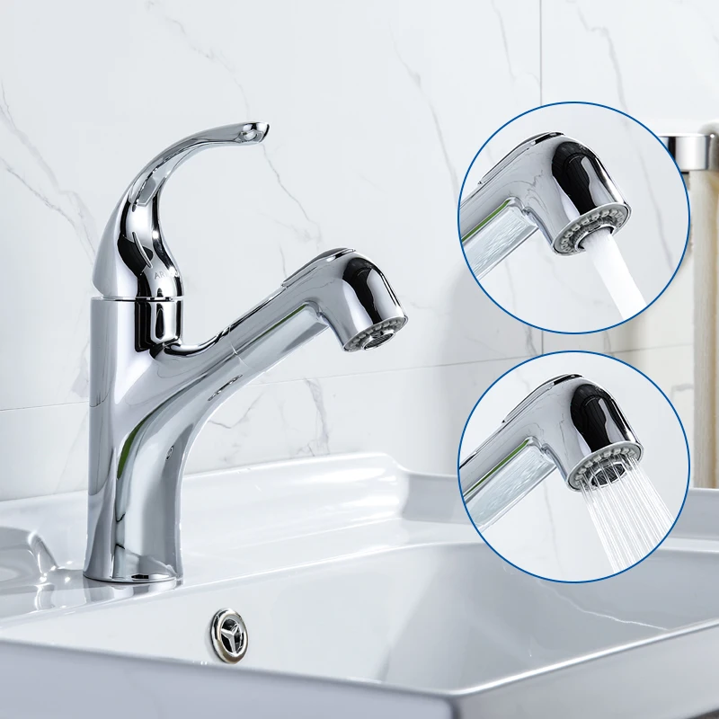 New Design Pull Out Faucet with 2 Functions Spout Bathroom Desk Mounted Water Mixer Tap Chrome High Quality