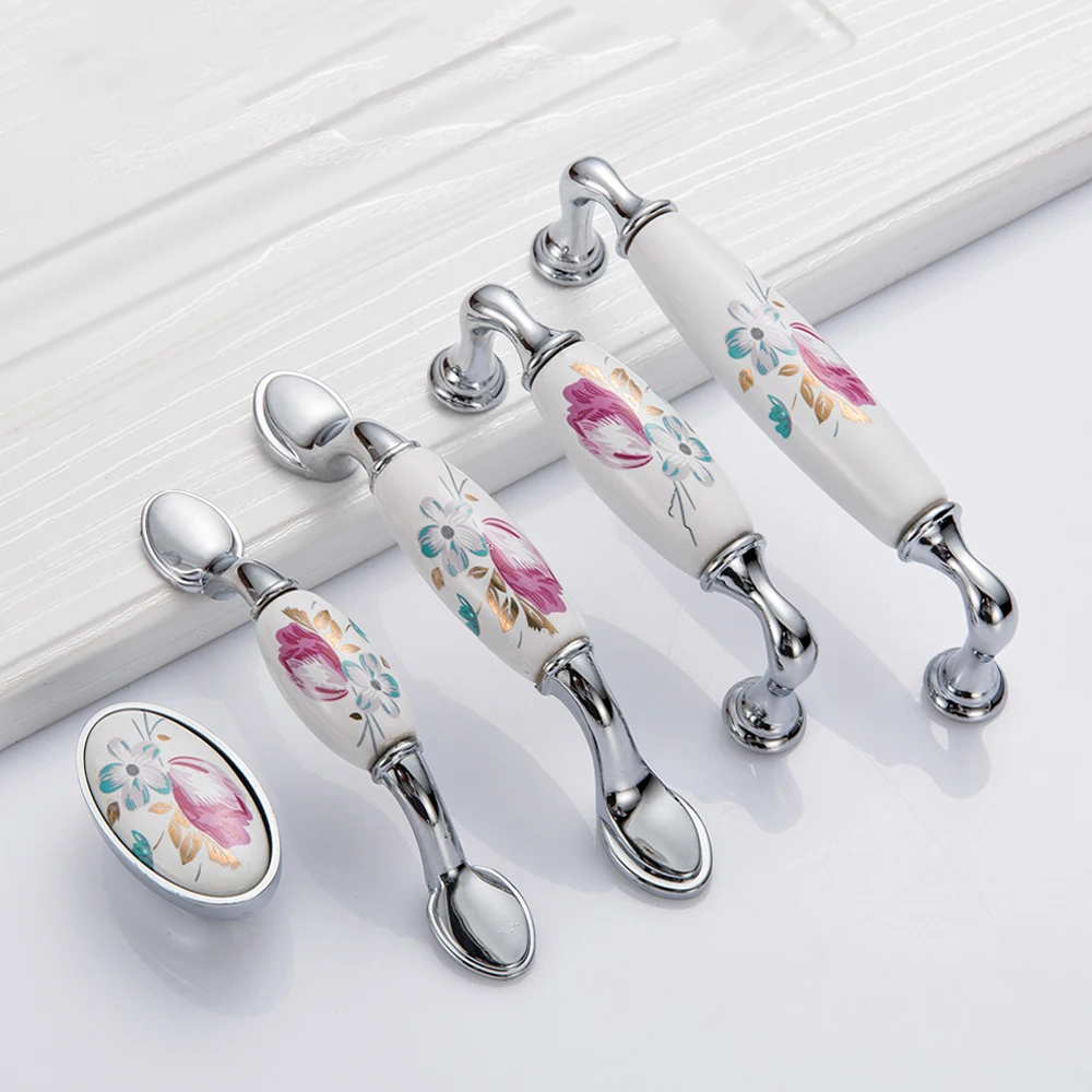 

2 pcs Silver CeramicDoor Handles Tulip Drawer Pulls Vintage Flower Cupboard Kitchen Cabinet Handles and Knobs Furniture Hardware