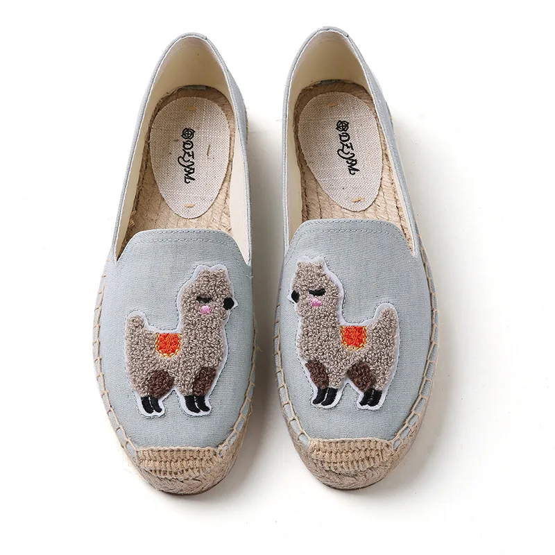 DZYM Summer Cute Kawaii Alpaca Women Flats Embroider Animal Loafers Hemp Flax Platform Fishermen Shoes Canvas Espadrilles