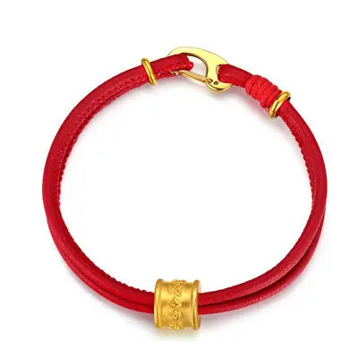 Solid 24K Yellow Gold Bracelet Lucky Six Words Tube Red Leather Bangle 17cm