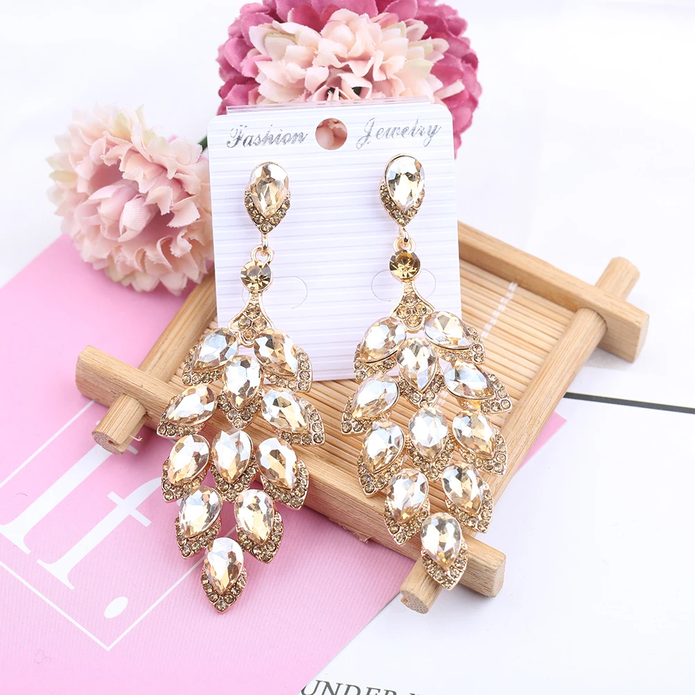 VEYO Wheat Spike Shape Champagne And White Two Color Luxury Elegant Rhinestone Crystal Drop Earrings for Women Fashion Jewelry