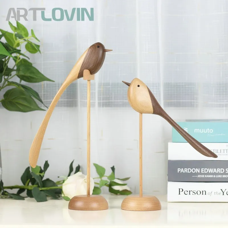 High Quality Beech Wooden Long-Tailed Bird Figurines Home Decor Ornaments Standing Home Decoration Accessories Wood Crafts Gifts