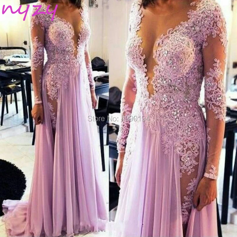 

NYZY P18 Pink Chiffon Lace Appliques Illusion Long Sleeves Mermaid Prom Dress Crystal Dress Party Gown vestido longo