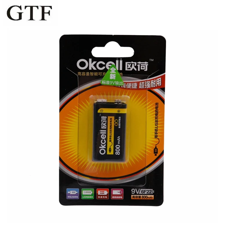 GTF 9V/6F22 800mAh USB Li-ion Rechargeable Battery Portable Micro USB with display Batteries For wireless microphone Batteries