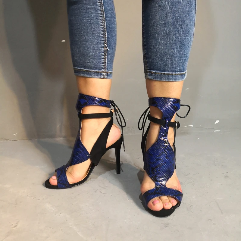 

Sexy Rhombus Instep Blue Python Leather Sandals Women's Gladiator Stiletto Heels Ladies Peep Toe Mixed Color Sandals for Ladies