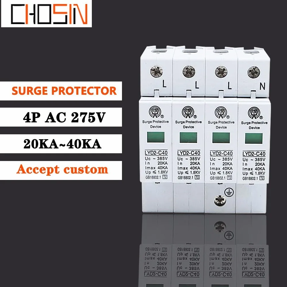 Surge Protector C40-4P 20ka~40ka 275V 385V 420V Ac Spd House Protective Low-voltage Arrester Device 3P+N Lightning Protection