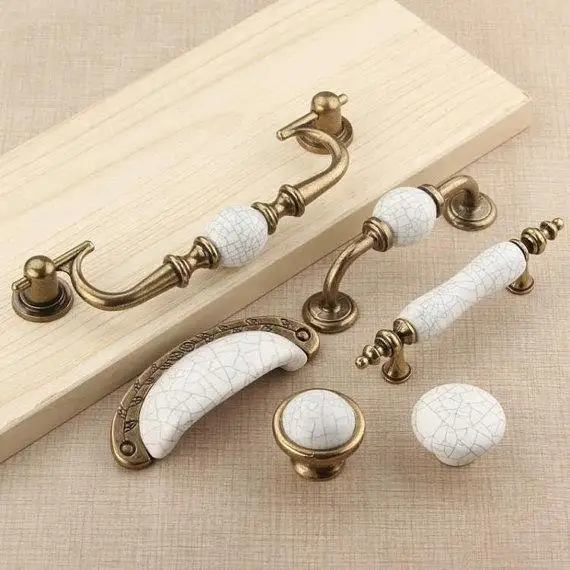 Ceramic Knobs Pulls Dresser Drawer Knob Pull Handles Cabinet Door Handle Pull Antique Bronze White Crack Porcelain