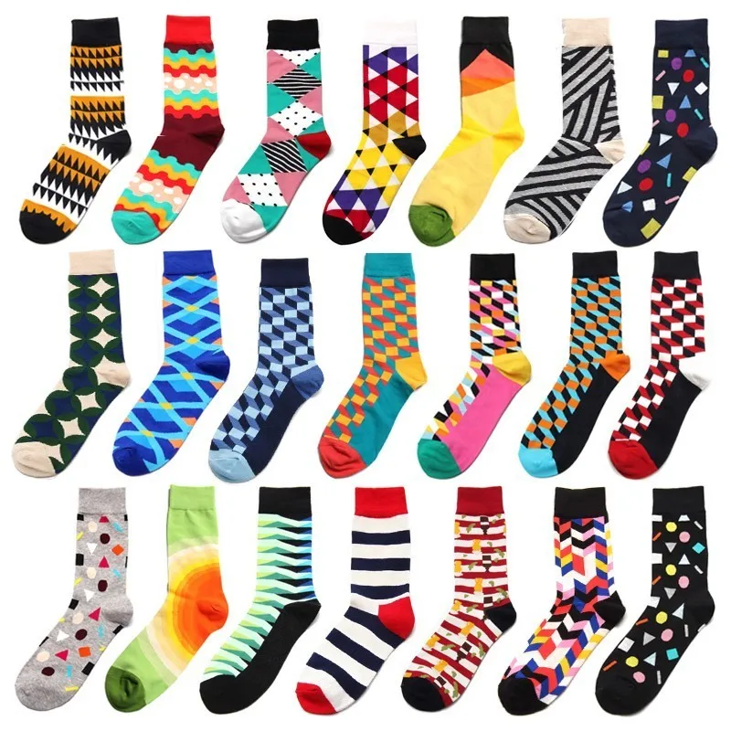 PEONFLY Men Socks Funny Geometric Striped Wave Rhomboid Lattice Wine Stitching Harajuku Hip Hop Happy Cotton Socks Street Style