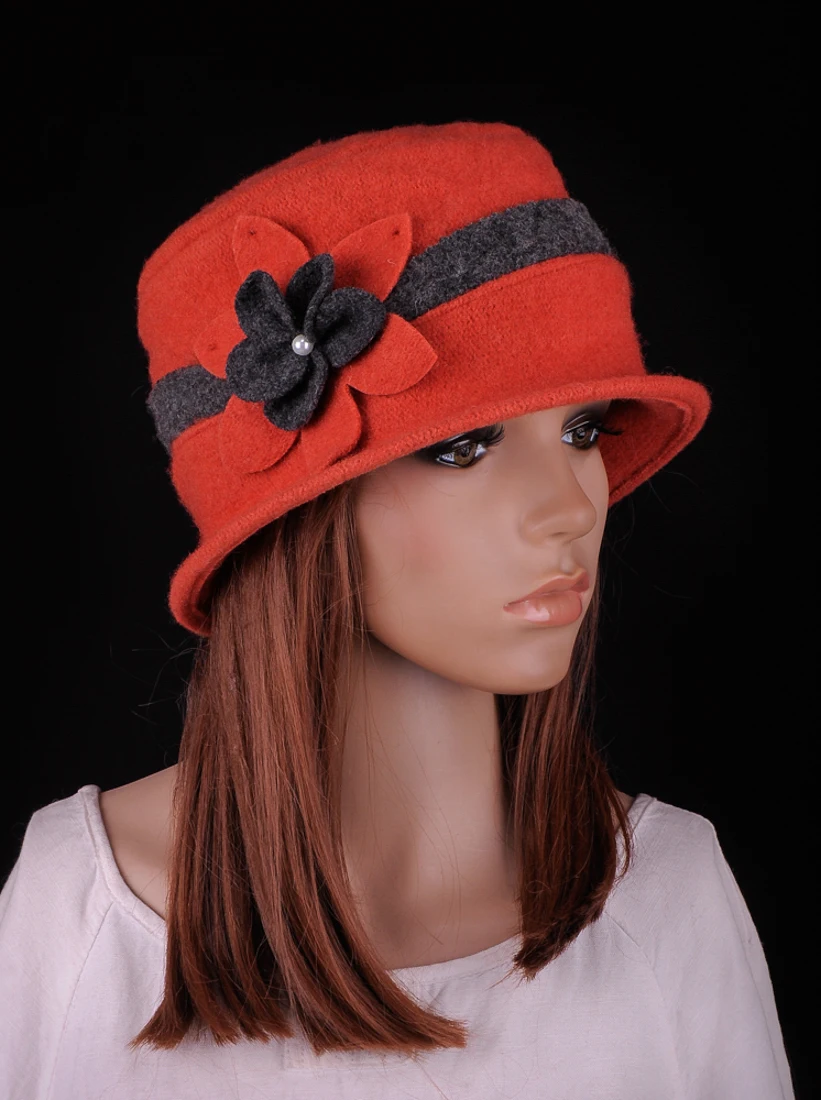 Women\'s Vintage Orange Wool Floral Beanie Embellishment Rosette Cloche Bucket Hat Winter Cap