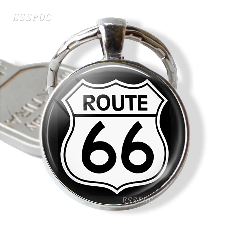 Route 66 Highway Road Sign Key Chain Glass Metal Fashion Keyring Travel Jewelry Gift for Traveler