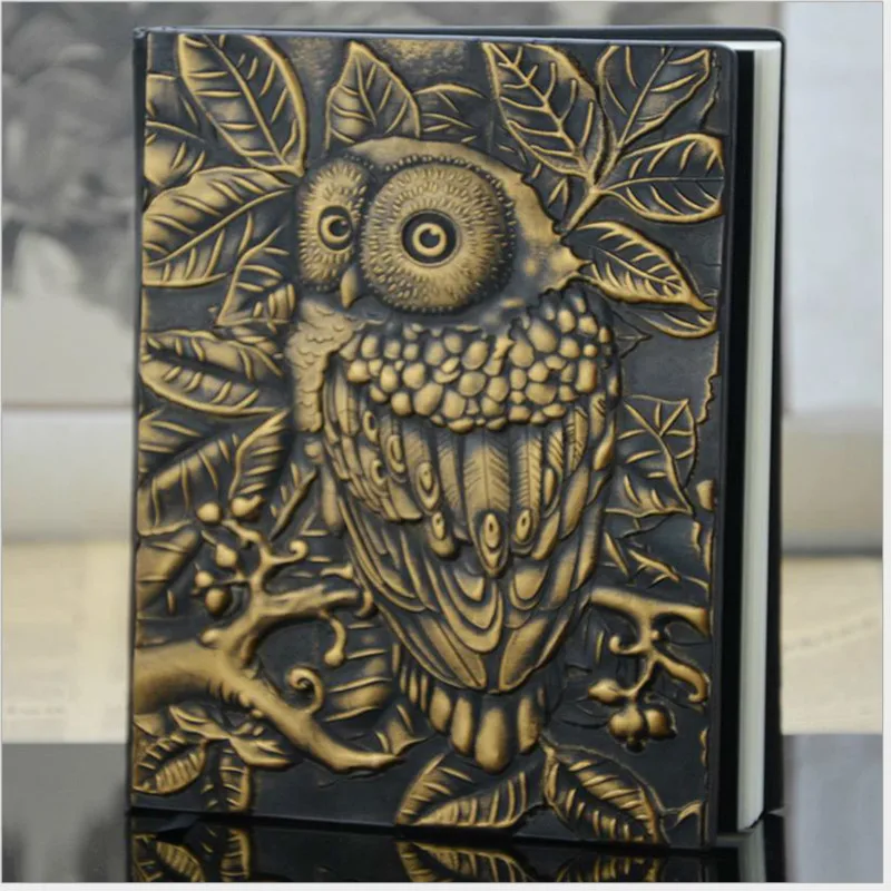 1PCS Vintage Thick Handmade Leather Carving Owl Notebook Journal Cute Sketchbook Paper Weekly Planner Accessories 01663