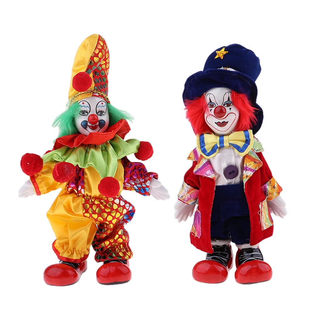 2 Pcs/Set 7inch Funny Ceramic Make Up Clown Jester Doll in Colorful Costume Kids Birthday Gift