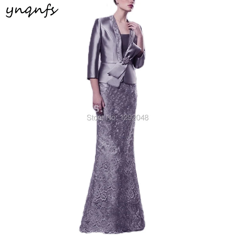 

YNQNFS M181 Two Piece Lace Gray Long Mother of the Bride Groom Jacket Dresses 2024 Vestido de Madrinha Dress Party with Sleeves