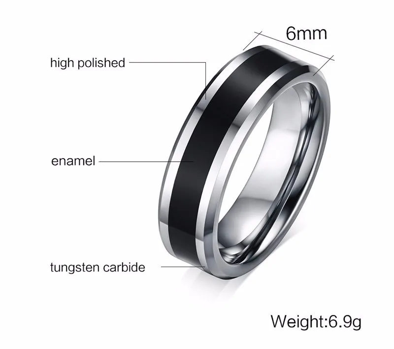 6MM Men\'s Tungsten Carbide Black Enamel Ring Wedding Band