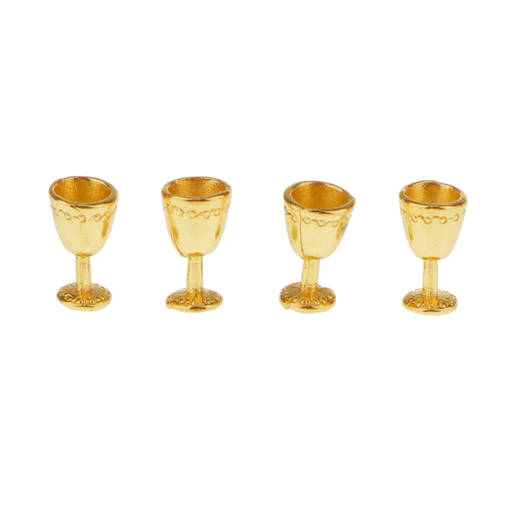 Gold Metal Goblet Red Wine Cups Dolls House Miniature Dining Room Pub Bar Accessory Pack of 4pcs