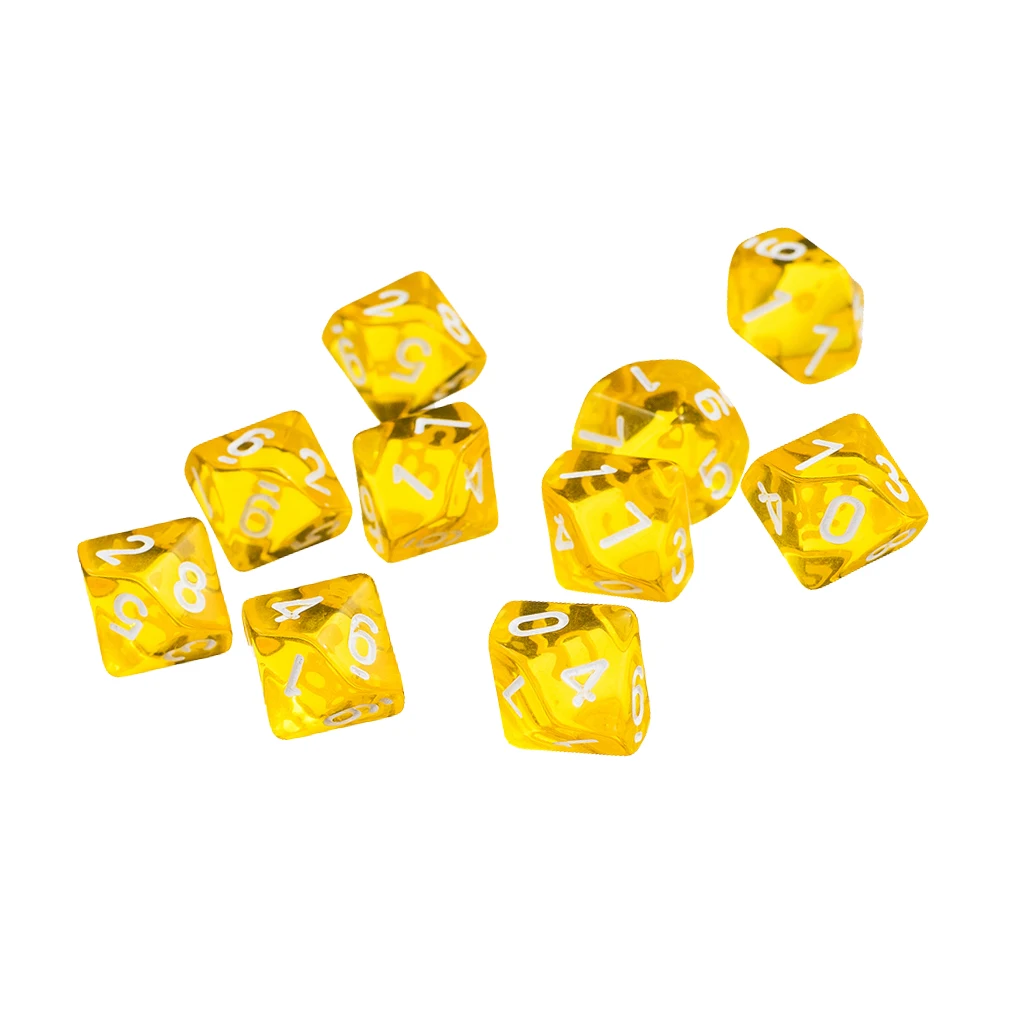 3 cm Plastic D10 Yellow Ten Sided Gem Dice for RPG Dungeons Dragons Games Set of 10 Dice