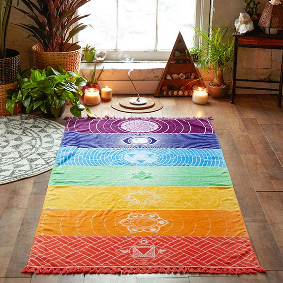 Top Polyester Bohemia Wall Hanging India Mandala Blanket 7 Chakra Colored Tapestry Rainbow Stripes Travel Beach Yoga Mat15